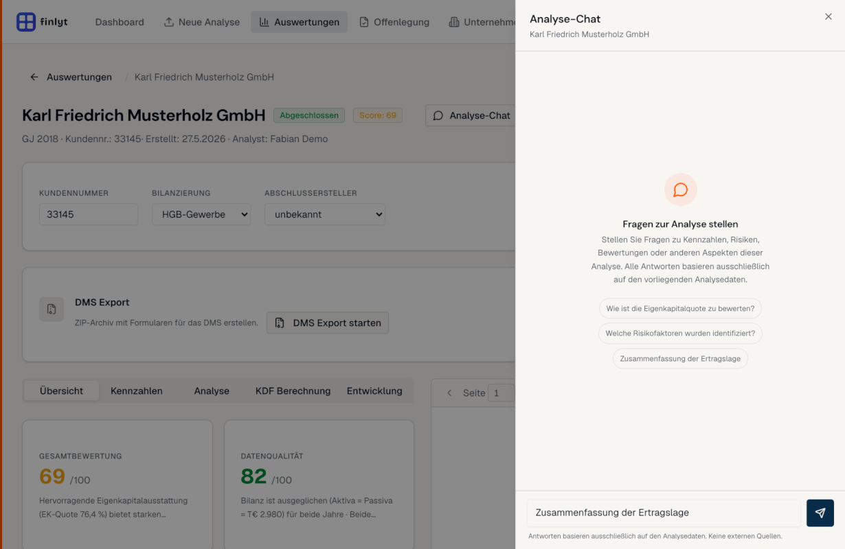 Analyse-Chat: Rückfragen zur Analyse mit Quellenangaben