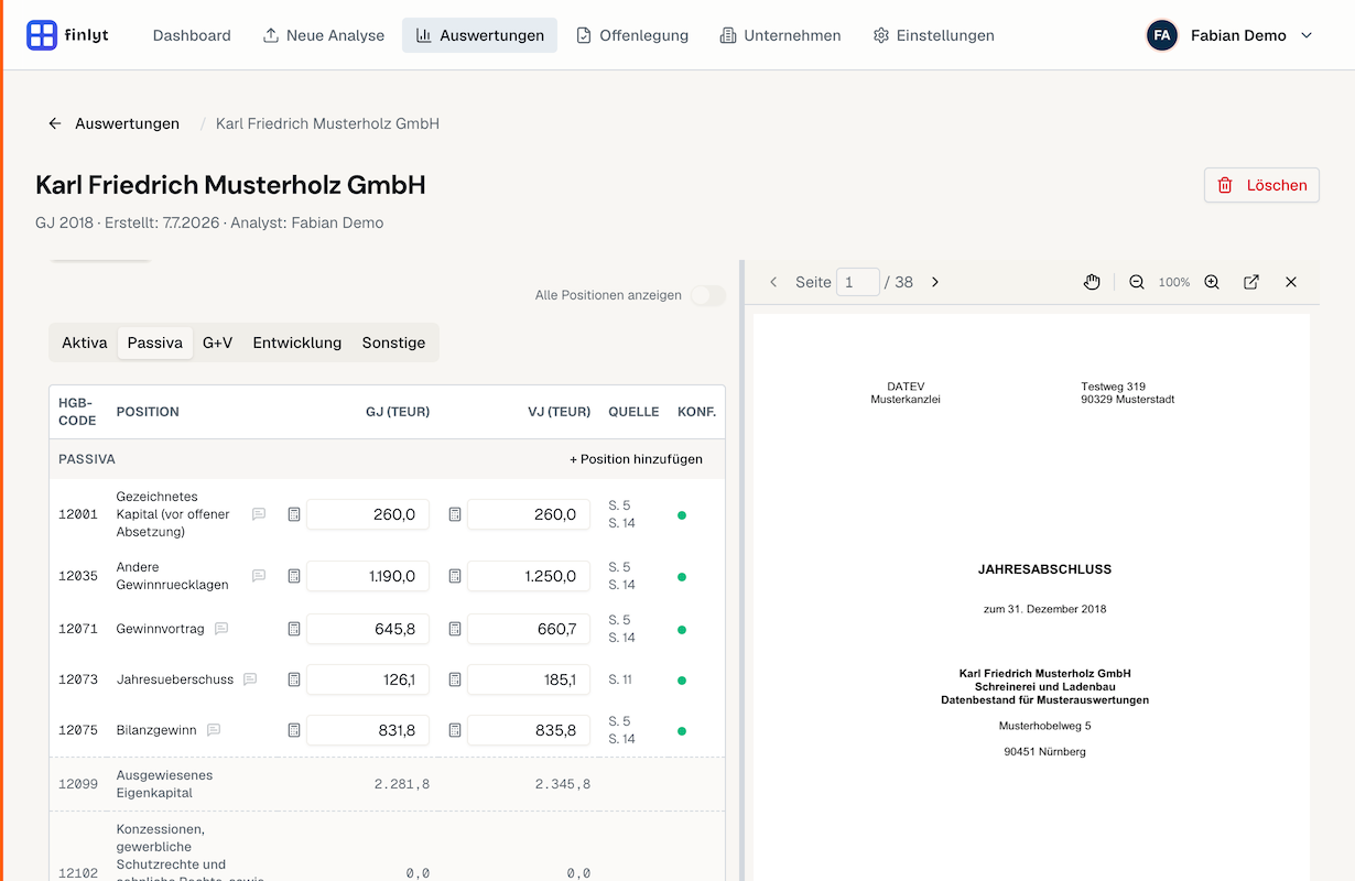 Analysten-Review: G+V-Positionen prüfen und korrigieren neben dem Quelldokument
