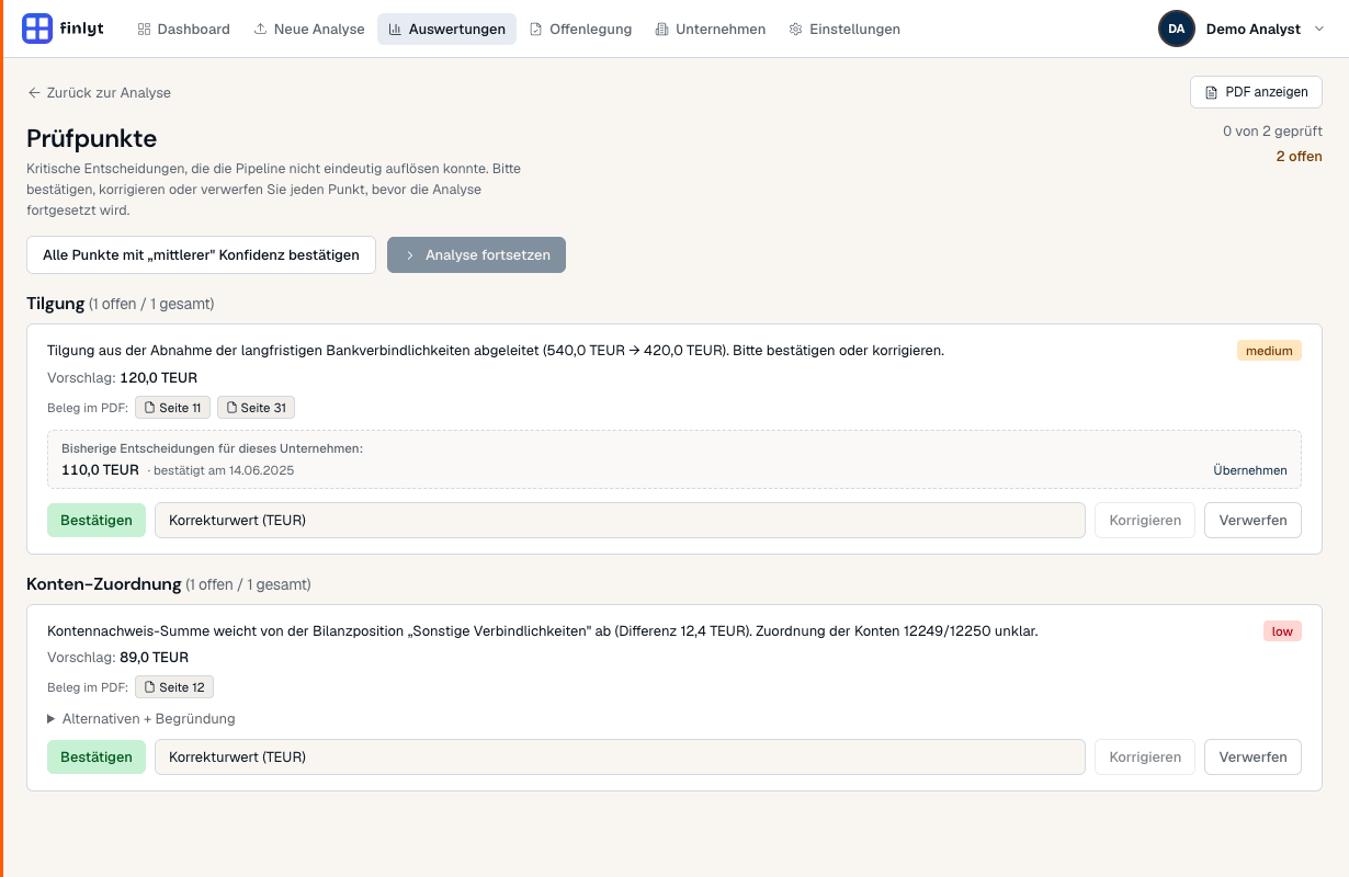 Prüfpunkte: kritische Entscheidungen, die der Analyst bestätigt, korrigiert oder verwirft, bevor die Analyse fortgesetzt wird
