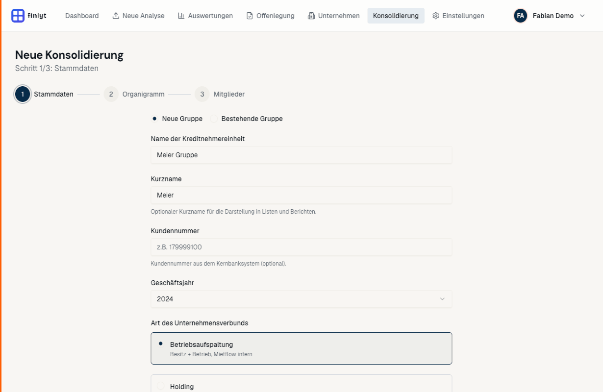 Konsolidierung: geführter Assistent für Kreditnehmereinheiten