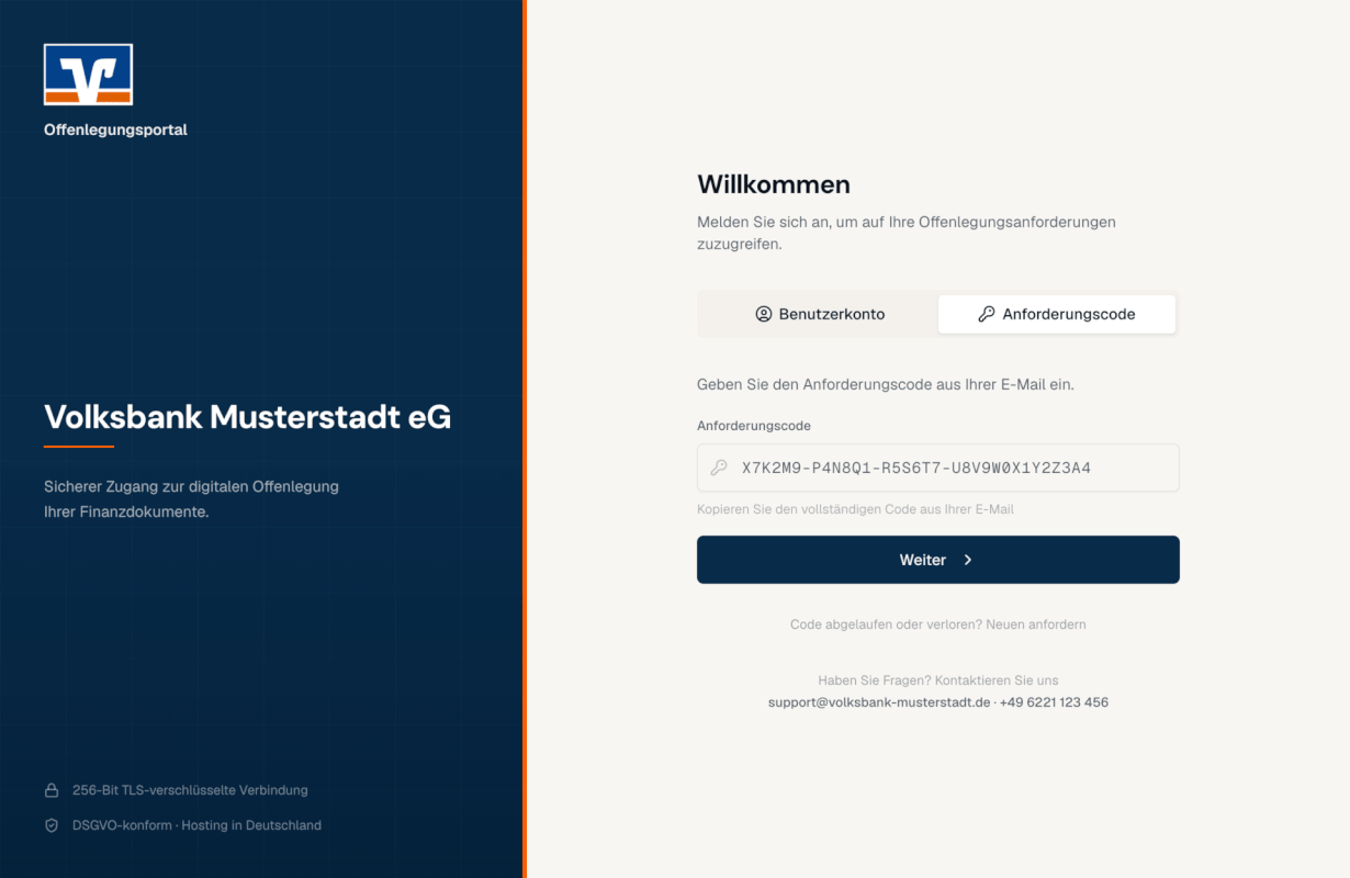 Offenlegungsportal: sicherer Login der Firmenkunden per Anforderungscode