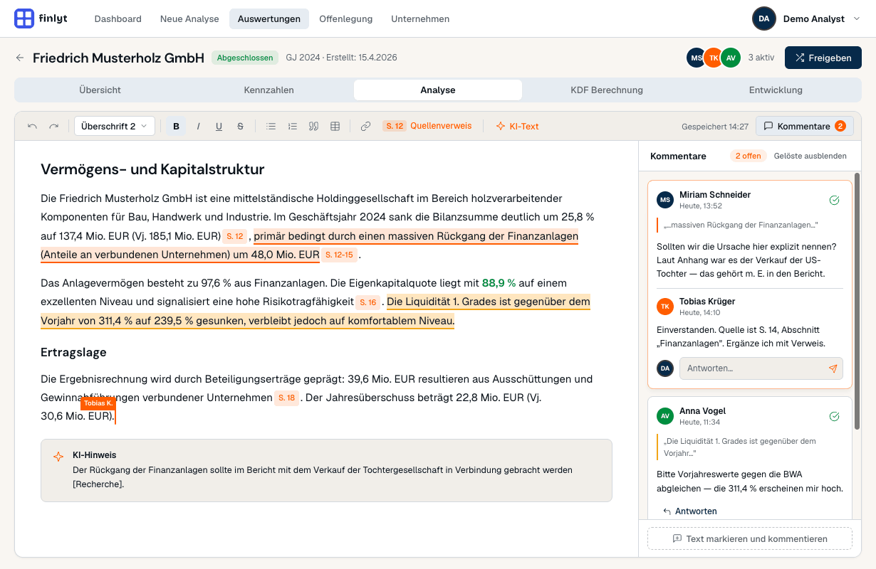 Kollaborativer Texteditor mit Quellenverweisen, KI-Hinweisen und Kommentaren im Team